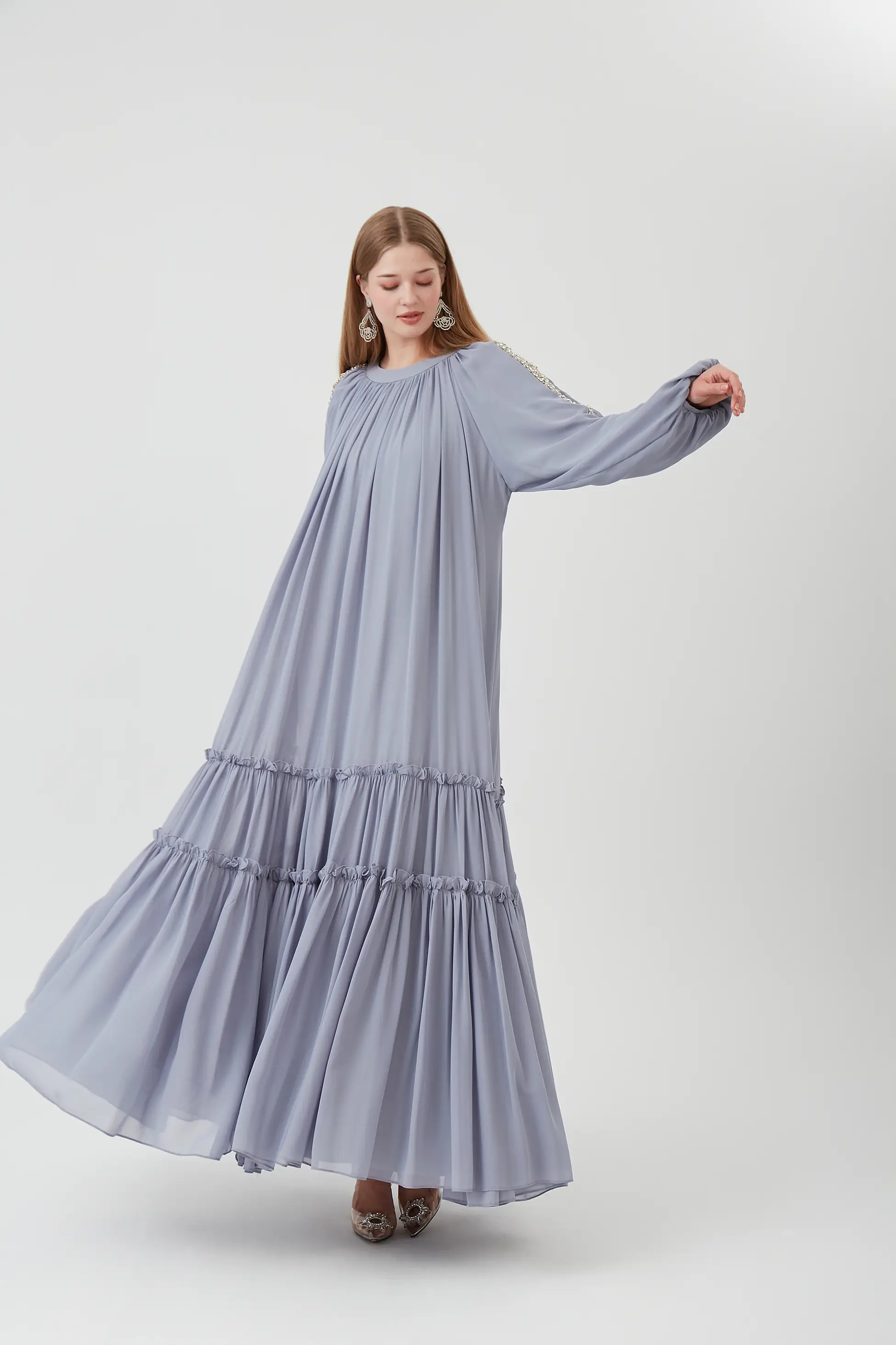 ESME MODEL KOLU TAŞLI KLOŞ ELBİSE -